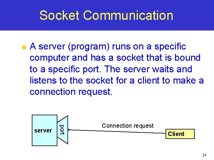 Socket Communication n A server (program) runs on a specific computer and has a Socket Communication n A server (program) runs on a specific computer and has a