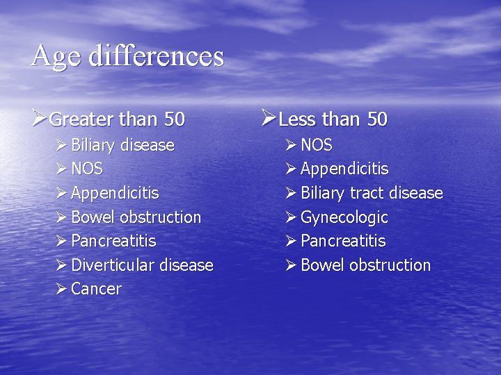 Age differences ØGreater than 50 Ø Biliary disease Ø NOS Ø Appendicitis Ø Bowel