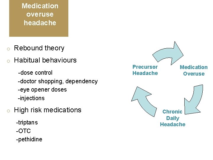 Medication overuse headache o Rebound theory o Habitual behaviours -dose control -doctor shopping, dependency