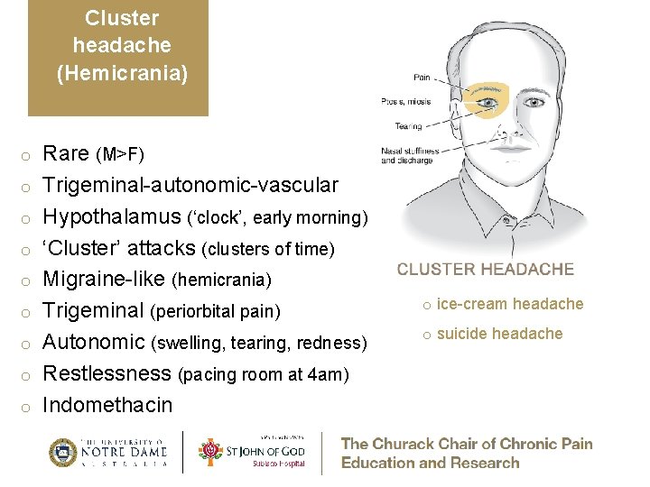 Cluster headache (Hemicrania) o o o o o Rare (M>F) Trigeminal-autonomic-vascular Hypothalamus (‘clock’, early