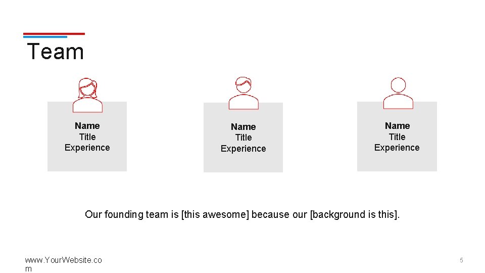 Team Name Title Experience Our founding team is [this awesome] because our [background is