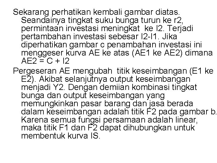 Sekarang perhatikan kembali gambar diatas. Seandainya tingkat suku bunga turun ke r 2, permintaan