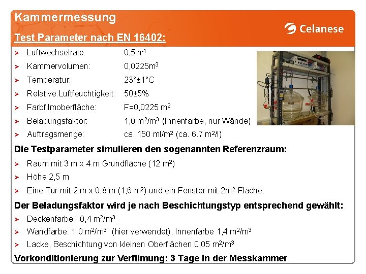 Kammermessung Test Parameter nach EN 16402: Ø Luftwechselrate: 0, 5 h-1 Ø Kammervolumen: 0,