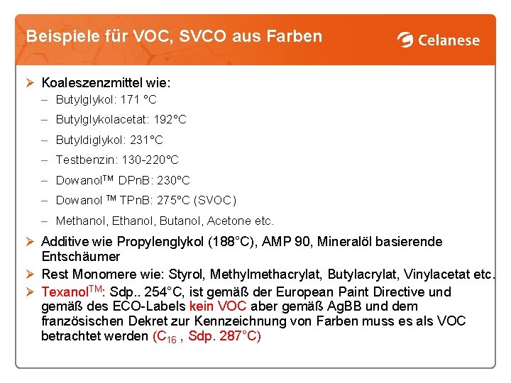 Beispiele für VOC, SVCO aus Farben Ø Koaleszenzmittel wie: ‒ Butylglykol: 171 °C ‒