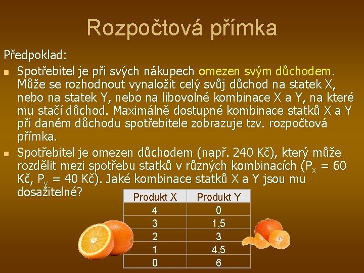 Rozpočtová přímka Předpoklad: n Spotřebitel je při svých nákupech omezen svým důchodem. Může se