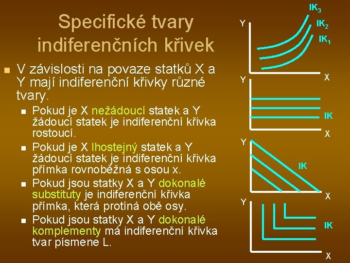 Specifické tvary indiferenčních křivek n V závislosti na povaze statků X a Y mají