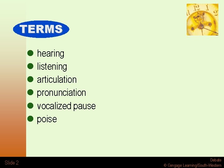 TERMS l l l Slide 2 hearing listening articulation pronunciation vocalized pause poise Debate