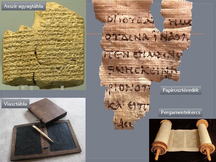 Asszír agyagtábla Papirusztöredék Viasztábla Pergamentekercs 