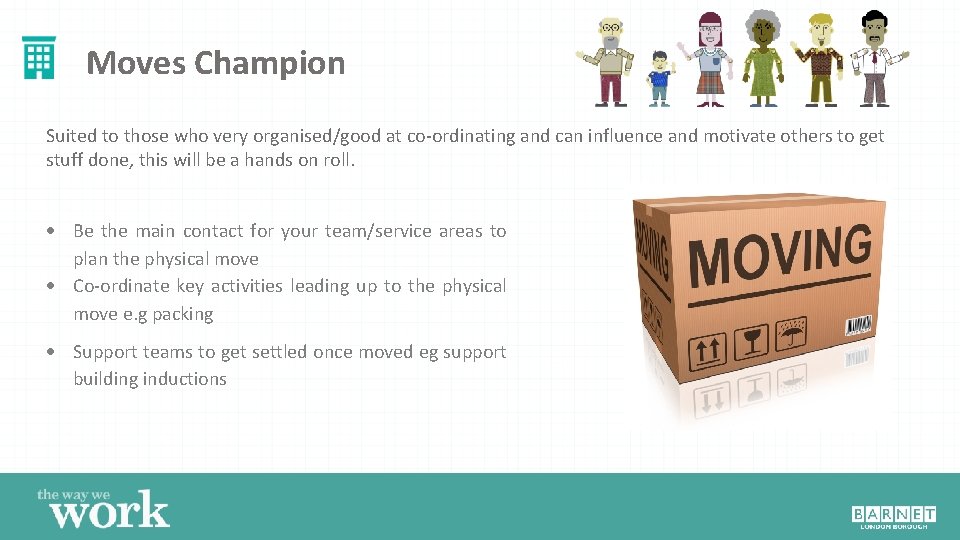 Moves Champion Suited to those who very organised/good at co-ordinating and can influence and