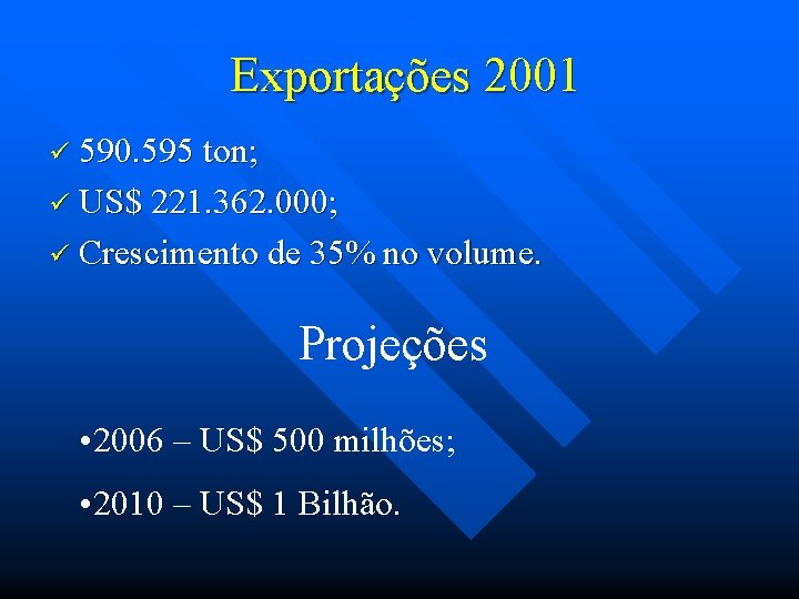 Exportações 2001 ü 590. 595 ton; ü US$ 221. 362. 000; ü Crescimento de