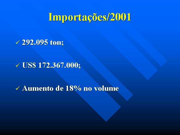 Importações/2001 ü 292. 095 ton; ü US$ 172. 367. 000; ü Aumento de 18%