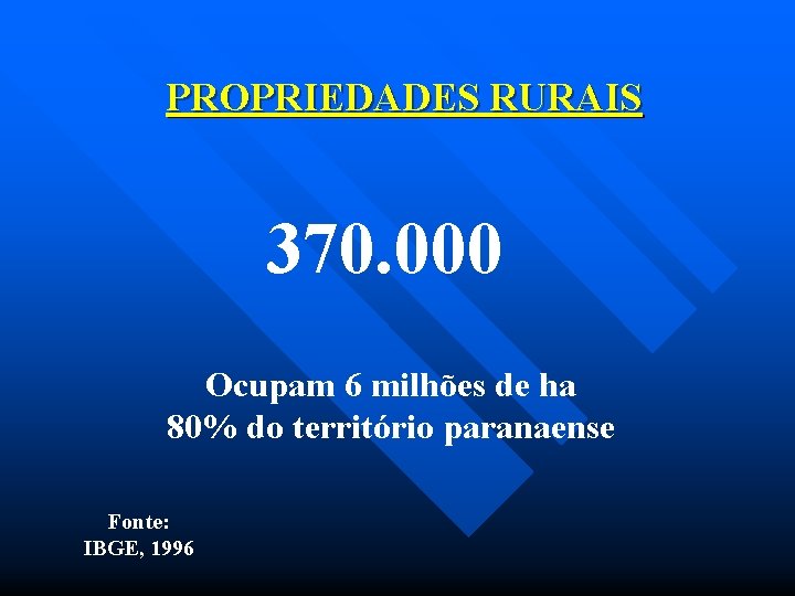 PROPRIEDADES RURAIS 370. 000 Ocupam 6 milhões de ha 80% do território paranaense Fonte: