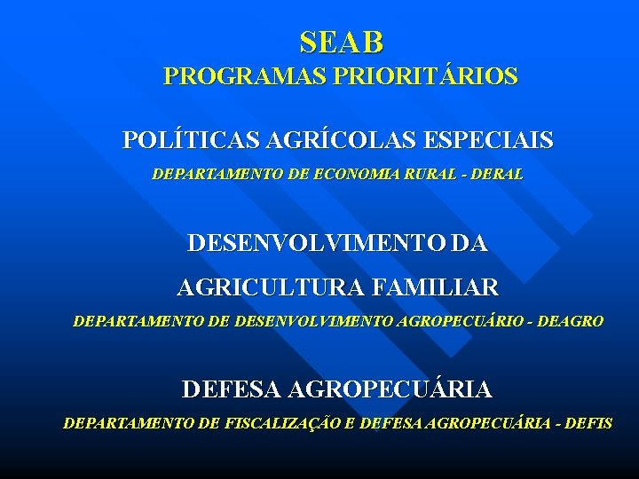 SEAB PROGRAMAS PRIORITÁRIOS POLÍTICAS AGRÍCOLAS ESPECIAIS DEPARTAMENTO DE ECONOMIA RURAL - DERAL DESENVOLVIMENTO DA