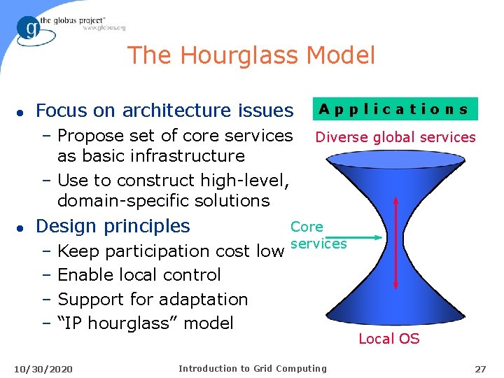 The Hourglass Model l l Focus on architecture issues Applications – Propose set of