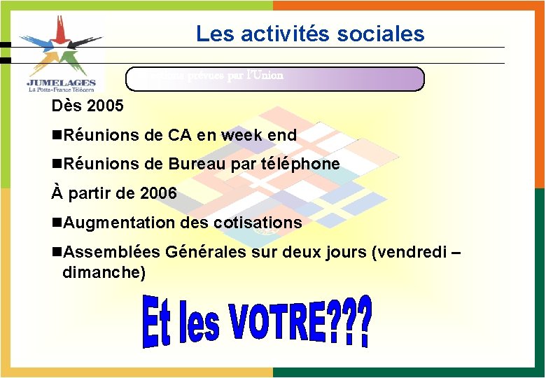 Les activités sociales Les actions prévues par l’Union Dès 2005 n. Réunions de CA