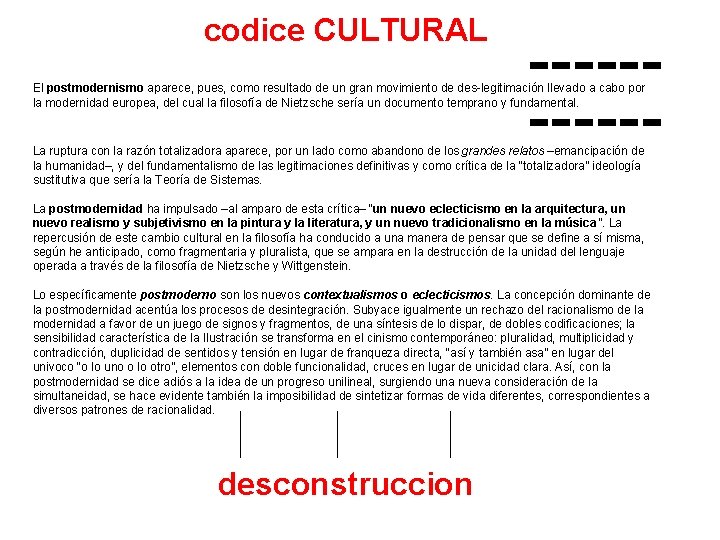 codice CULTURAL El postmodernismo aparece, pues, como resultado de un gran movimiento de des-legitimación