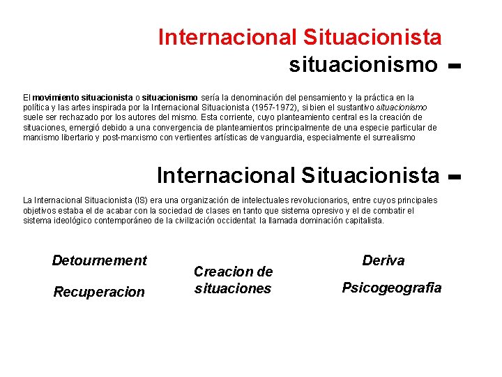 Internacional Situacionista situacionismo El movimiento situacionista o situacionismo sería la denominación del pensamiento y
