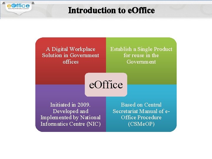 Introduction to e. Office A Digital Workplace Solution in Government offices Establish a Single