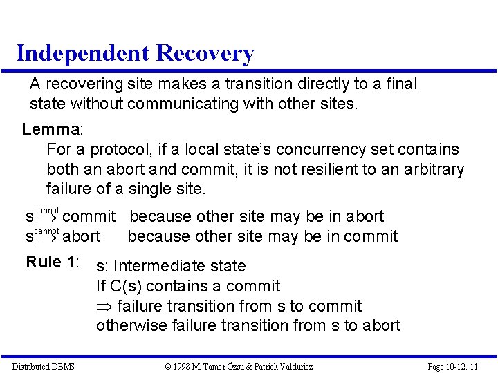 Independent Recovery A recovering site makes a transition directly to a final state without
