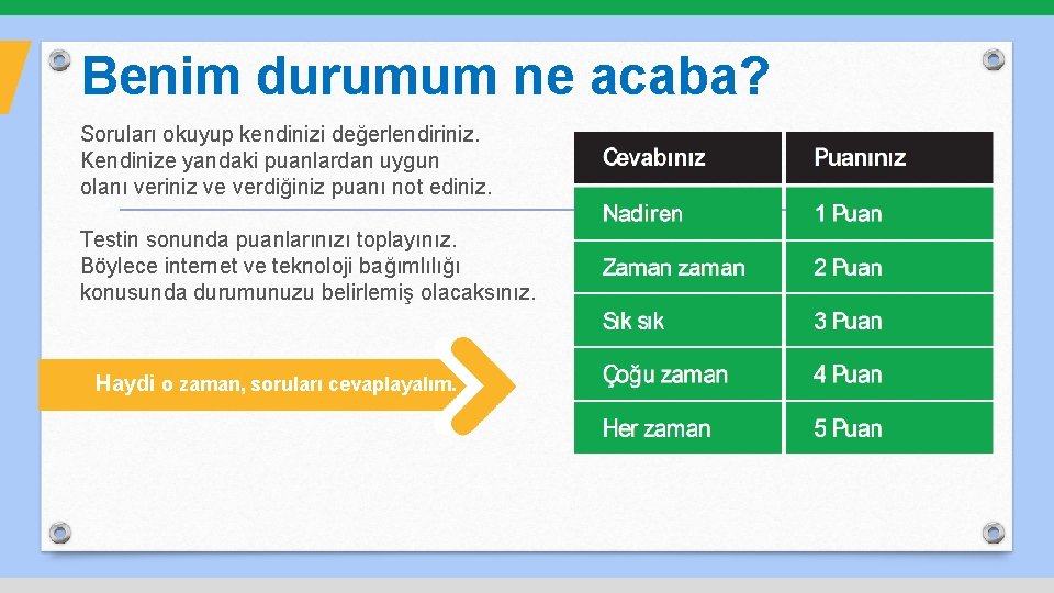 Benim durumum ne acaba? Soruları okuyup kendinizi değerlendiriniz. Kendinize yandaki puanlardan uygun olanı veriniz