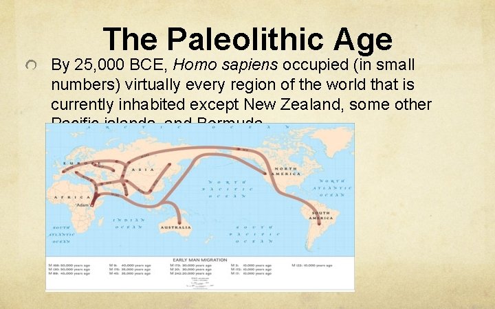 The Paleolithic Age By 25, 000 BCE, Homo sapiens occupied (in small numbers) virtually