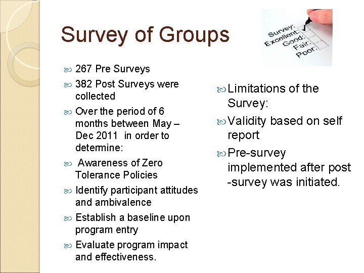 Survey of Groups 267 Pre Surveys 382 Post Surveys were collected Over the period