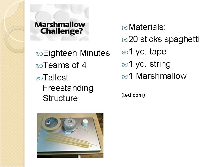  Materials: 20 Eighteen Minutes Teams of 4 Tallest Freestanding Structure sticks spaghetti 1