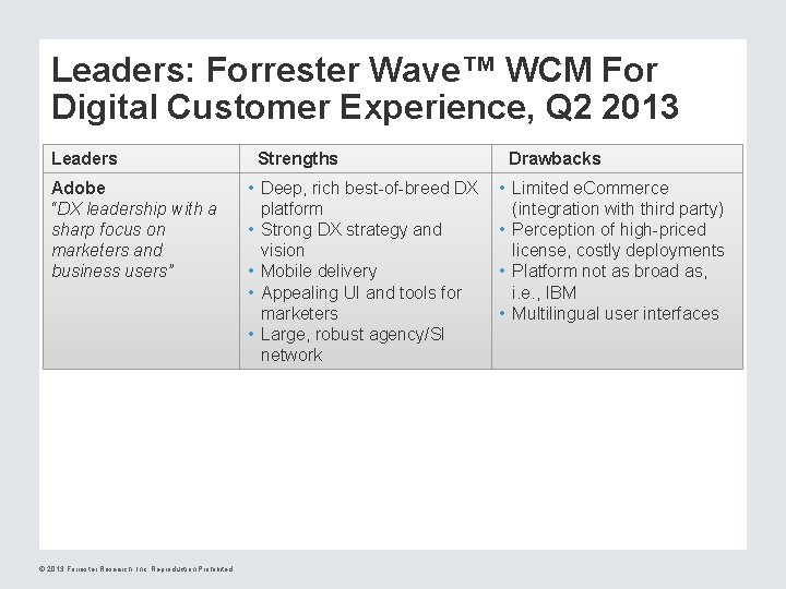 Leaders: Forrester Wave™ WCM For Digital Customer Experience, Q 2 2013 Leaders Adobe “DX