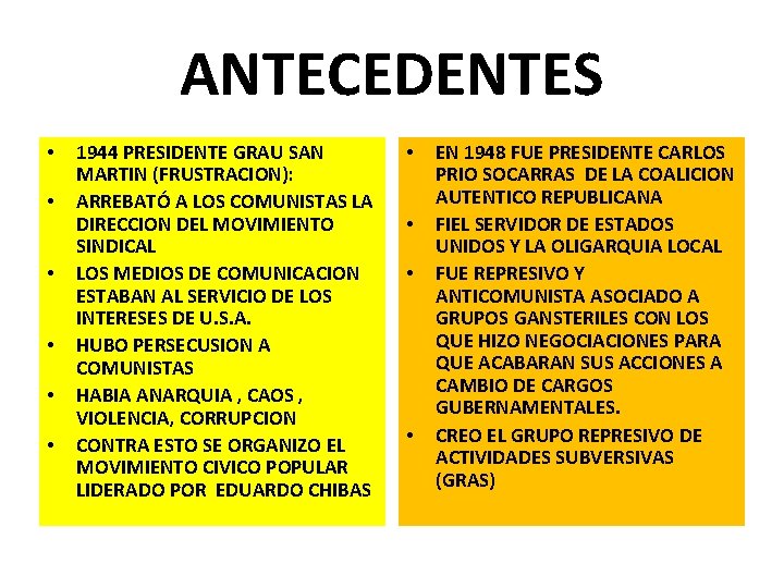 ANTECEDENTES • • • 1944 PRESIDENTE GRAU SAN MARTIN (FRUSTRACION): ARREBATÓ A LOS COMUNISTAS