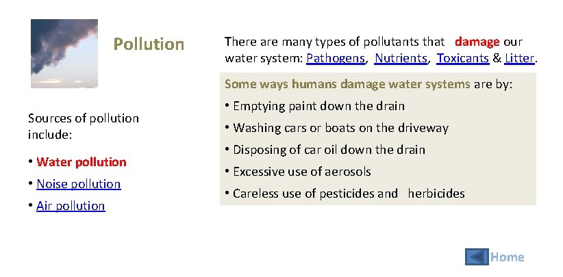 Pollution There are many types of pollutants that damage our water system: Pathogens, Nutrients,