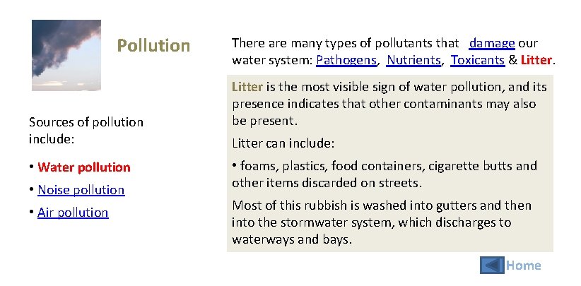 Pollution Sources of pollution include: • Water pollution • Noise pollution • Air pollution