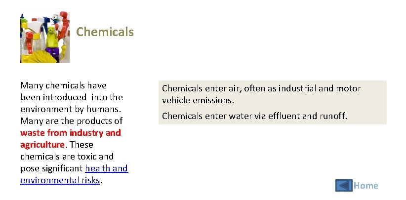 Chemicals Many chemicals have been introduced into the environment by humans. Many are the