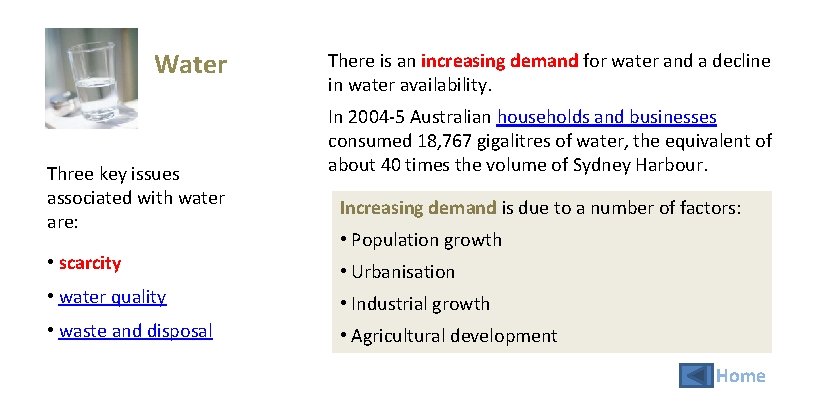 Water Three key issues associated with water are: • scarcity There is an increasing