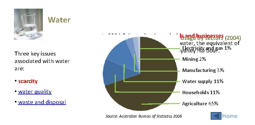 Water Three key issues associated with water are: In 2004 -5 Australian households and