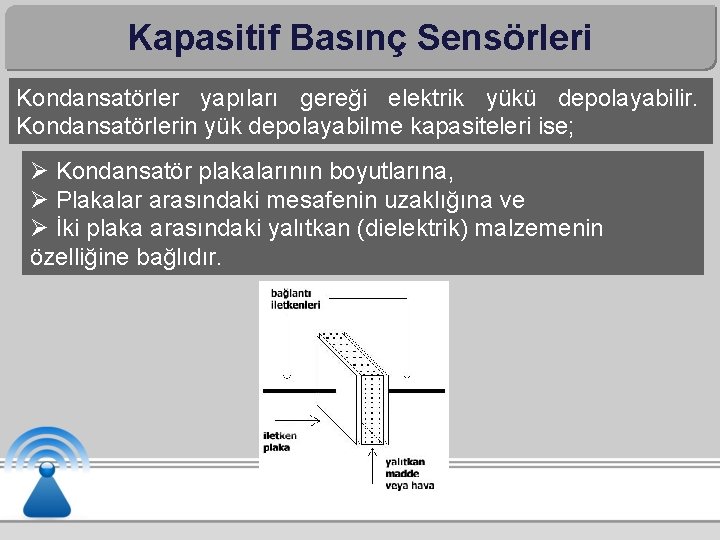 Kapasitif Basınç Sensörleri Kondansatörler yapıları gereği elektrik yükü depolayabilir. Kondansatörlerin yük depolayabilme kapasiteleri ise;