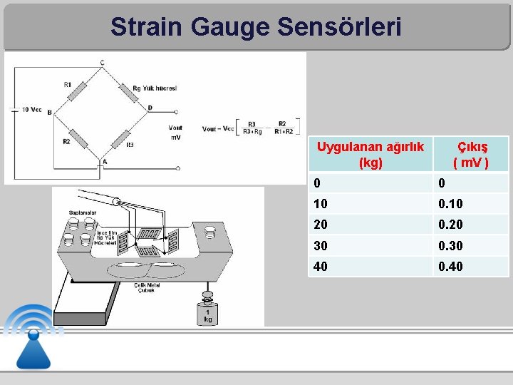 Strain Gauge Sensörleri Uygulanan ağırlık (kg) Çıkış ( m. V ) 0 0 10