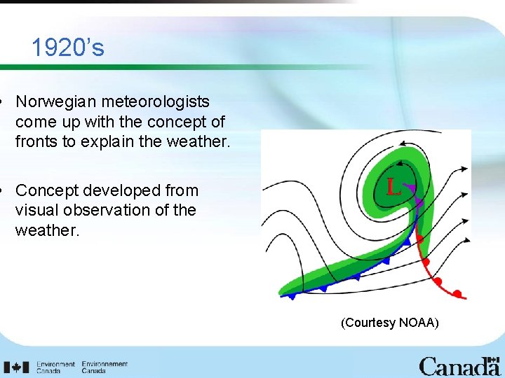 1920’s • Norwegian meteorologists come up with the concept of fronts to explain the