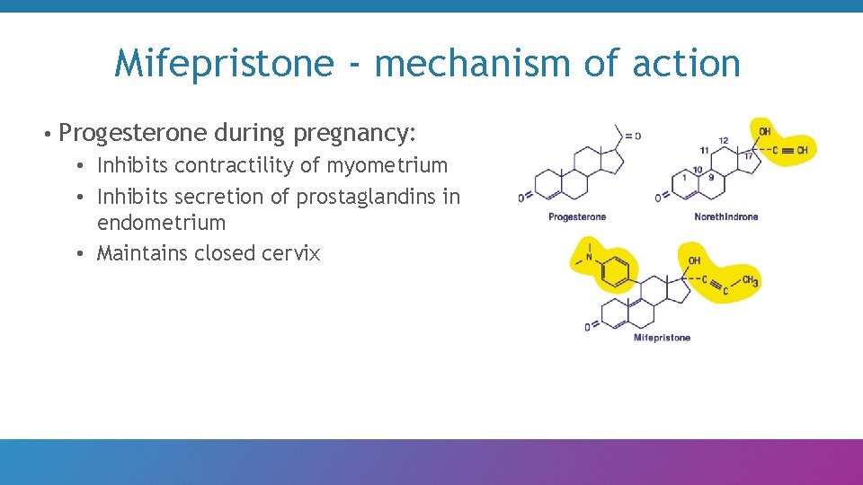 Mifepristone - mechanism of action • Progesterone during pregnancy: • Inhibits contractility of myometrium