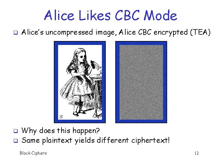 Alice Likes CBC Mode q q q Alice’s uncompressed image, Alice CBC encrypted (TEA)
