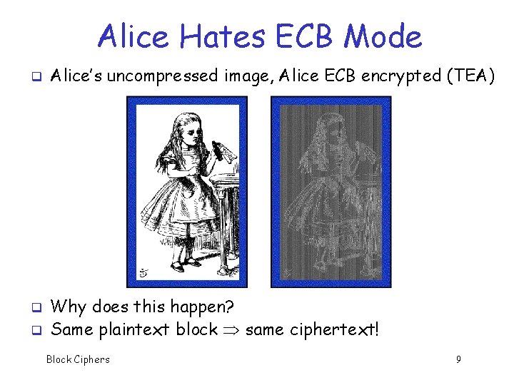 Alice Hates ECB Mode q q q Alice’s uncompressed image, Alice ECB encrypted (TEA)