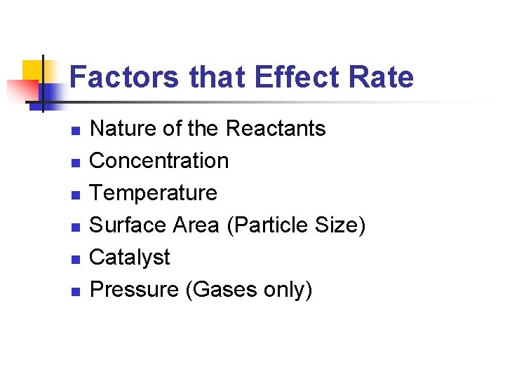 Factors that Effect Rate n n n Nature of the Reactants Concentration Temperature Surface