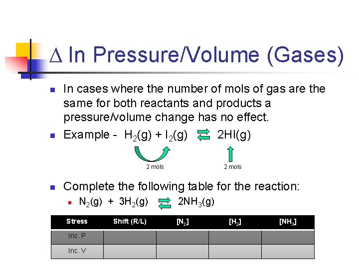 D In Pressure/Volume (Gases) n n In cases where the number of mols of