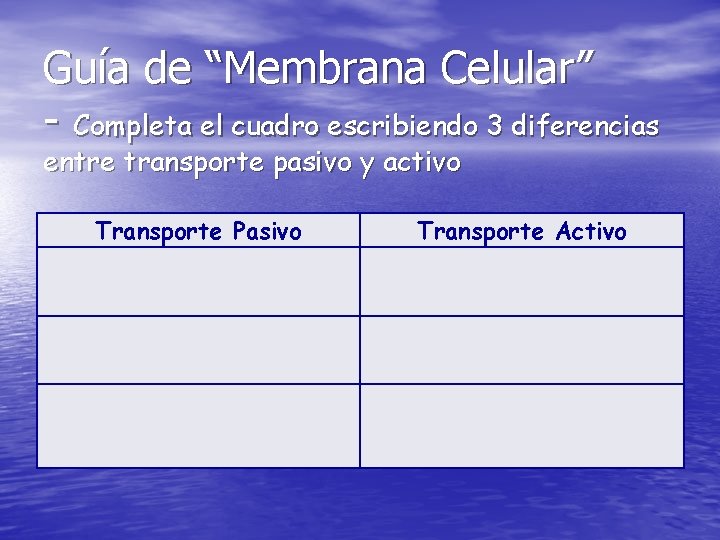 Guía de “Membrana Celular” - Completa el cuadro escribiendo 3 diferencias entre transporte pasivo