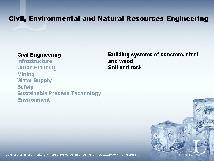 Civil, Environmental and Natural Resources Engineering Building systems of concrete, steel and wood Soil