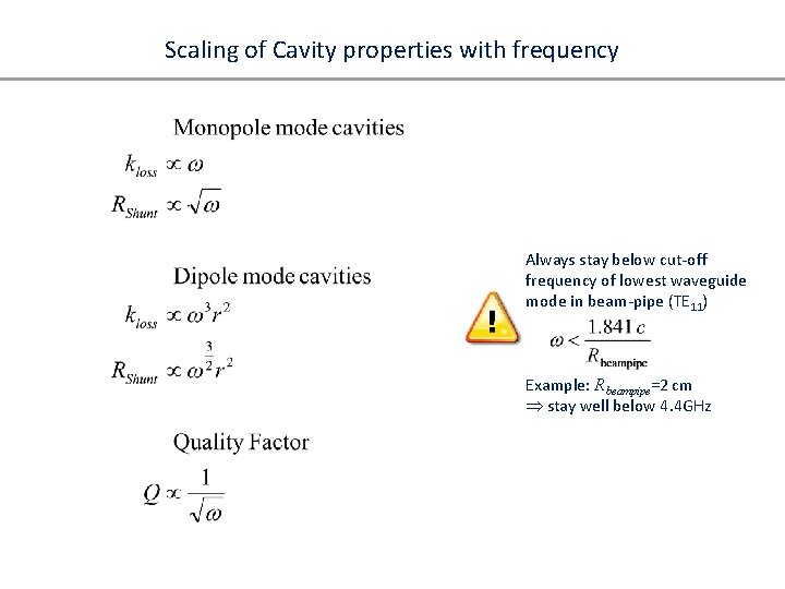 Scaling of Cavity properties with frequency Always stay below cut-off frequency of lowest waveguide