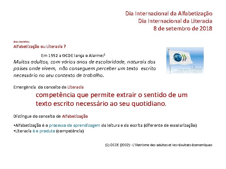 Dia Internacional da Alfabetização Dia Internacional da Literacia 8 de setembro de 2018 Dos