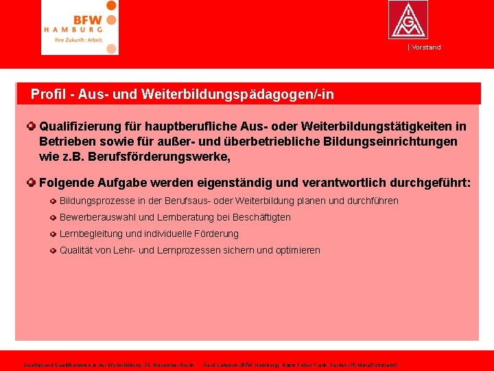 Vorstand Profil - Aus- und Weiterbildungspädagogen/-in Qualifizierung für hauptberufliche Aus- oder Weiterbildungstätigkeiten in Betrieben