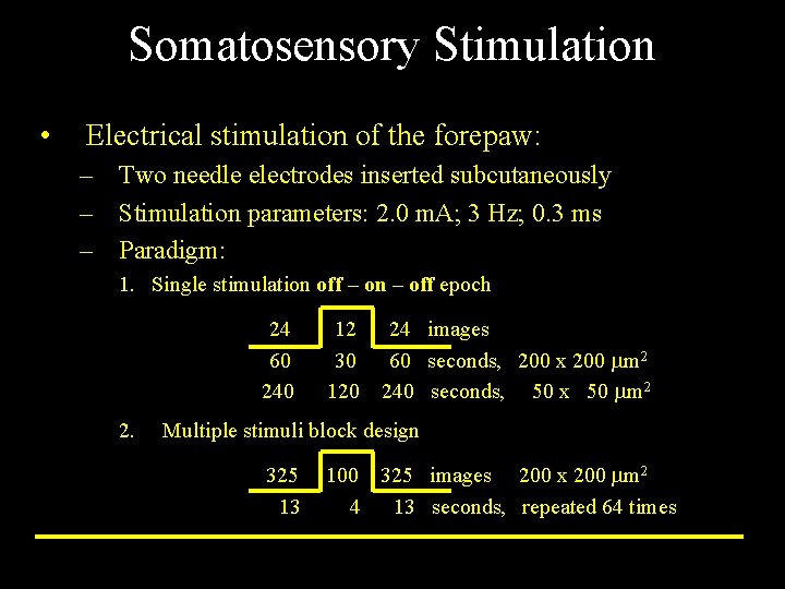 Somatosensory Stimulation • Electrical stimulation of the forepaw: – Two needle electrodes inserted subcutaneously