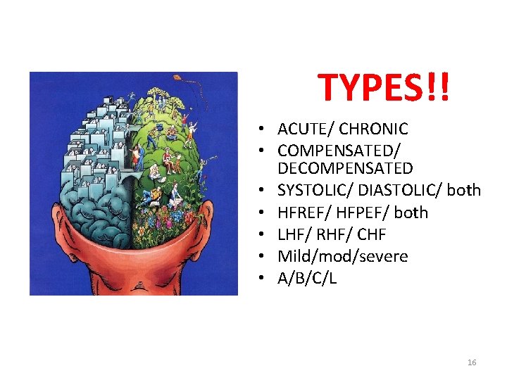 TYPES!! • ACUTE/ CHRONIC • COMPENSATED/ DECOMPENSATED • SYSTOLIC/ DIASTOLIC/ both • HFREF/ HFPEF/