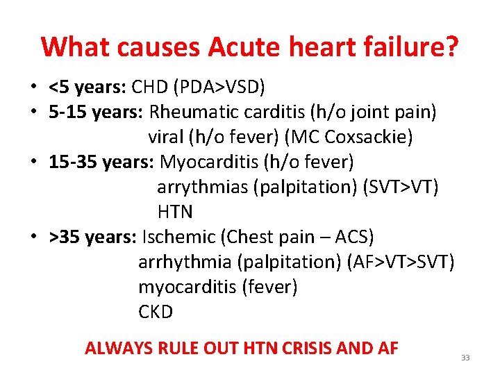 What causes Acute heart failure? • <5 years: CHD (PDA>VSD) • 5 -15 years: